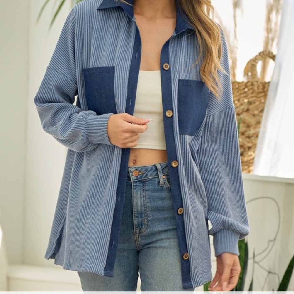 Blue button up shacket